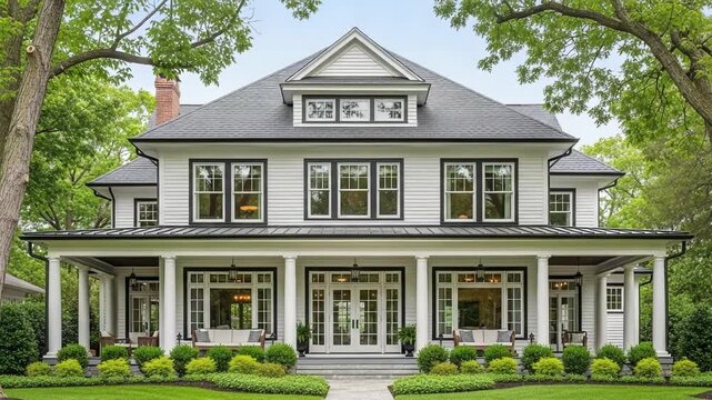 Beautiful white craftsman style house with a large porch