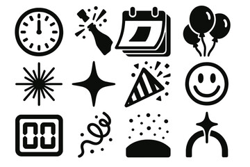 New Year Anticipation silhouette set: clock at eleven fifty-nine, champagne cork pop, calendar turning, balloon bunch, light beams, star sparkle, party popper, smiling face,