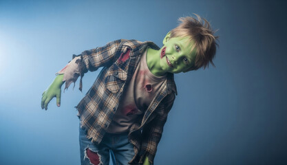 Young caucasian boy dressed as a zombie in a ragged costume with green skin on blue background for Halloween kids party fun. Banner template with copy space.