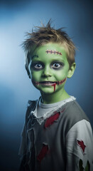 Young caucasian boy dressed as a zombie in a ragged costume with green skin on blue background for Halloween kids party fun. Vertical template with copy space.