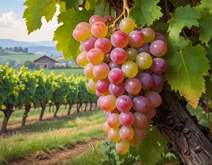 A lush bunch of grapes, vibrant in color, hangs over a vineyard with a distant farm
