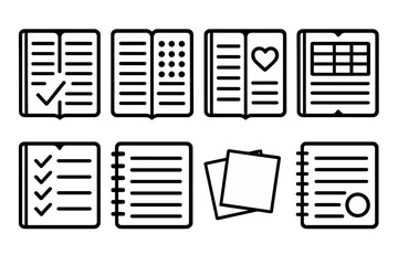 Personal Planner outline icon set: daily journal, habit tracker, wellness log, meal plan, budget sheet, gratitude list, sticky notes, reflection page.
