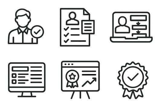 Corporate Course Enrollment outline icon set: employee training registration, skill development form, HR approval workflow, learning module list, certification tracker icon,