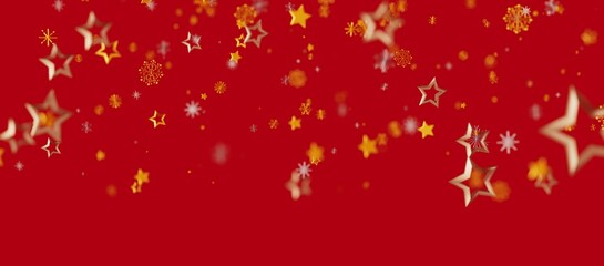 Elegant holiday background with gold stars and snowflakes falling on a vibrant red backdrop, perfect for Christmas and New Year designs.