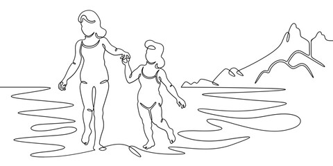 Continuous single line drawing Child on the beach. Summer vacation. Children in summer.Linear . One continuous line isolated minimalist illustration. Not AI.