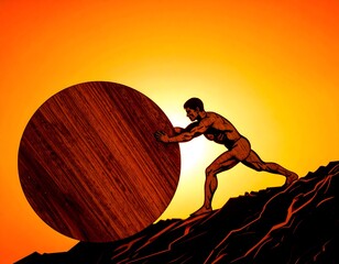 A muscular figure struggles to push a large, circular object uphill against a bright orange sun