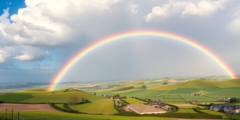 Obraz premium Vibrant Rainbow Arcing Over Green Rolling Hills and Farmhouses Under Blue Sky with Cloudy Background