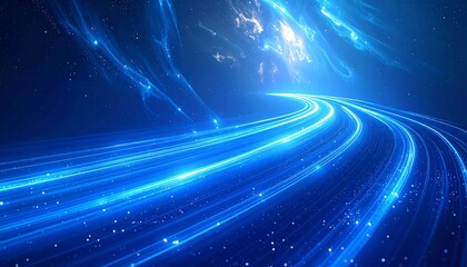 An artistic representation of a glowing, flowing, blue path in a futuristic space, showcasing speed and motion
