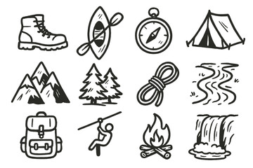 Fototapeta premium Adventure Tourist Activities set of icons in doodle hand-drawn vector style: hiking boot, kayak, compass, tent, mountain peak, forest, climbing rope, river, backpack, zipline,
