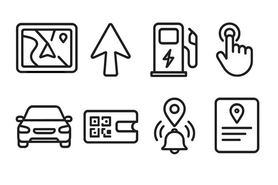 Smart Travel Apps outline icon set: GPS screen, direction arrow, charging station, ride request button, vehicle icon, digital pass, location alert, trip summary.