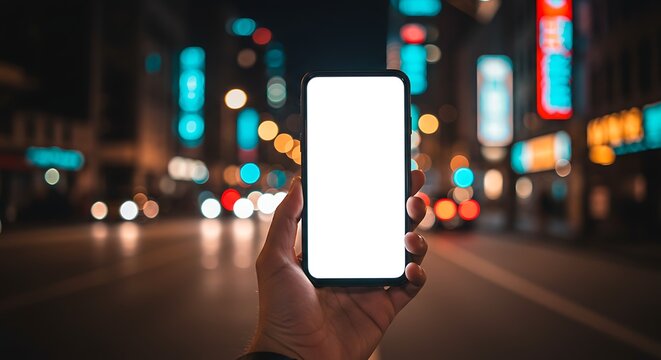 A hand holds a smartphone with a blank screen in the foreground, set against a blurry, vibrant city street at night with neon lights and car taillights.