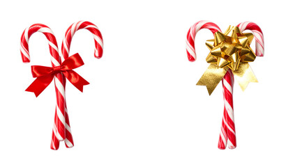 Two clusters of red and white striped peppermint candy canes isolated on transparent background