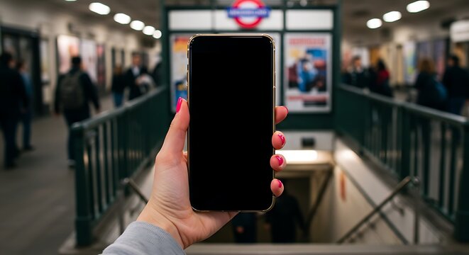 A hand holds a smartphone with a blank black screen in front of a busy subway station entrance, with people walking in the background.