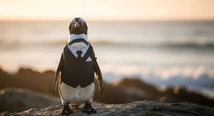 Penguin in a tuxedo looking out at the ocean at sunset, a formal bird enjoying a beautiful view.