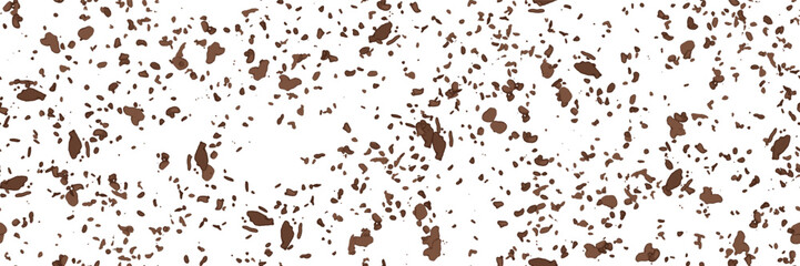 Chocolate crumbs top view bg as a seamless pattern. Brown cookie pieces or crunches on the table surface. Scattered broken crushed coffee beans isolated on white. Vector illustration.