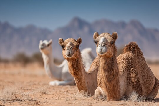 A group of camels is resting on soft desert sand, highlighting their distinct features and textures, creating a peaceful atmosphere in a natural landscape