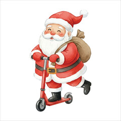 Santa Riding Scooter Watercolor Vector Illustration on White Background
