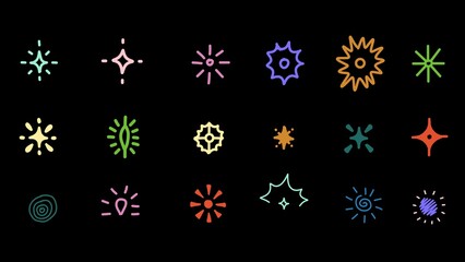 Collection of colorful hand-drawn starbursts and sparkles isolated on black background, representing light, glow, glitter, and celebratory designs (transparent).