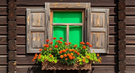 Rustic Wooden Window with Vibrant Flower Box and Green Screen.