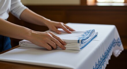 Immaculate table setting with folded white cloth and blue embroidery for religious ceremony preparation