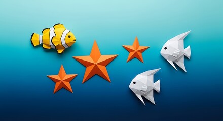 Origami Clownfish and Angelfish with Starfish on Blue Gradient Background.