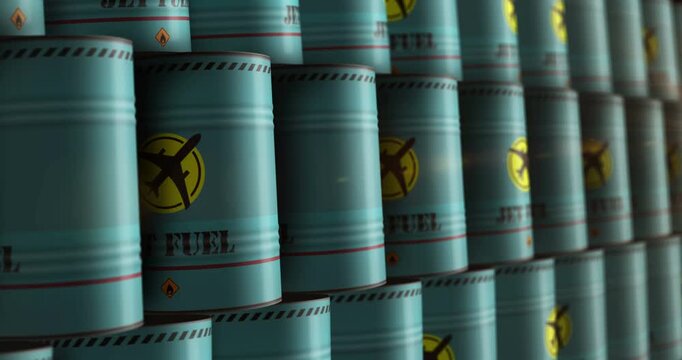 Jet fuel airplane oil barrels in row seamless and loopable concept. Aircraft petrol industrial containers.