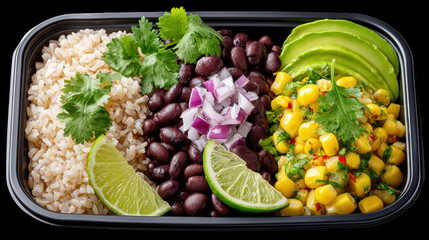 Healthy meal prep with legumes, A colorful meal prep tray featuring black beans, corn, salsa, and additional ingredients served in a vibrant presentation.