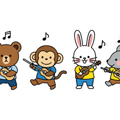 Fototapeta premium Cartoon animals playing music together with guitars and enjoying themselves.