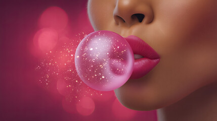 African American woman blowing bubble gum with sparkling effects and vibrant pink background