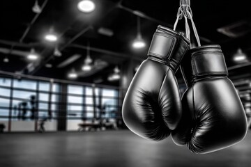 Black Boxing Gloves Hanging in a Dark Gym