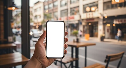 A person's hand holds a smartphone with a blank white screen inside a cafe, with a blurred city street visible through the window.