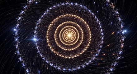 An abstract digital rendering of a spiraling cosmic wormhole tunnel composed of glowing concentric rings of light.