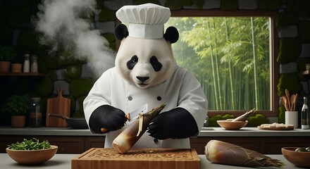 Panda Chef Prepares Bamboo Shoots in Kitchen.