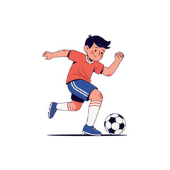 Young boy in red shirt and blue shorts playing soccer with ball.