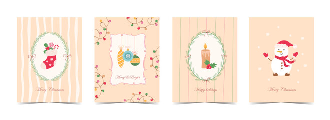 Merry Christmas, hand drawn illustrations, vertical Christmas cards in modern vintage style. Christmas eve, whimsical bows, Christmas tree