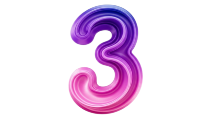 3D number three with swirling purple and pink gradient effect numeral digit isolated on a transparent background