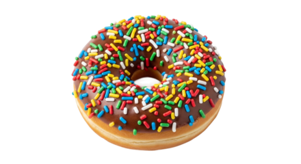 Chocolate frosted donut with colorful sprinkles on a black background doughnut sweet isolated on a transparent background