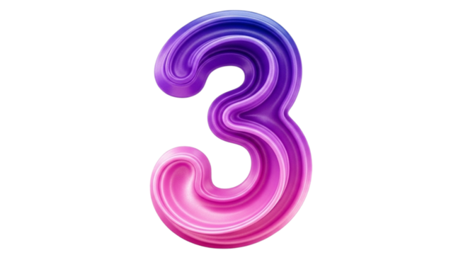 3D number three with swirling purple and pink gradient effect numeral digit isolated on a transparent background