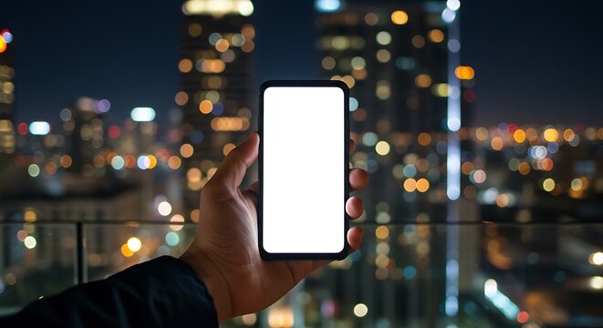 A hand holding a smartphone with a blank white screen against a blurry night city skyline with bokeh lights.