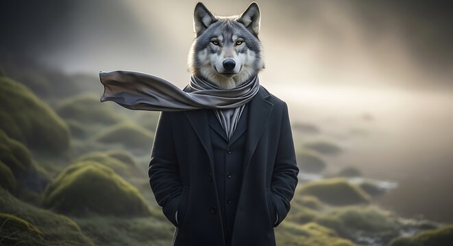 Mysterious Wolf Man in Scarf and Coat Standing in Foggy Landscape. - Powered by Adobe
