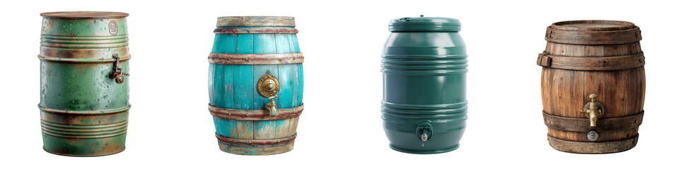 Vintage water barrels various styles and designs on transparent background
