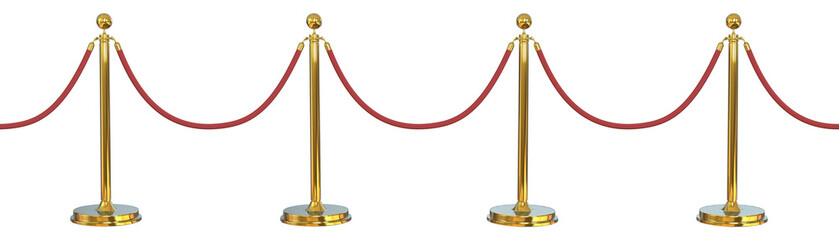 Side view Gold stanchions tied with red velvet ropes and red carpets isolated. Golden stanchion and...