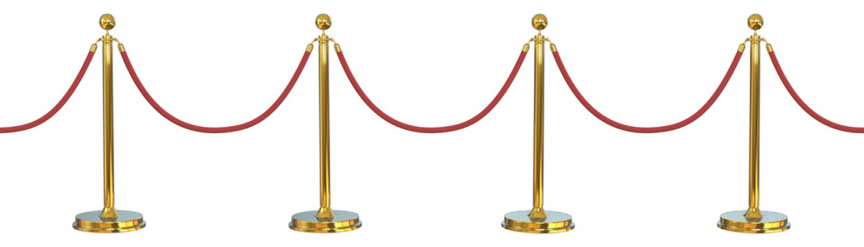 Side view Gold stanchions tied with red velvet ropes and red carpets isolated. Golden stanchion and red velvet rope barrier for a VIP event isolated	