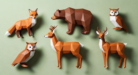 Papercraft Forest Animals - Fox, Bear, Deer, and Owls on Green Background.