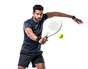 Athlete with dark skin swings a white paddle at a tennis ball on a black background
