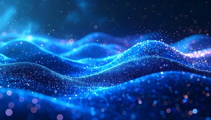 An artistic representation of flowing waves composed of shimmering particles in shades of blue. Sparkles illuminate the scene
