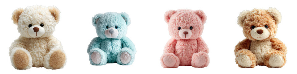 Fototapeta premium Four adorable plush teddy bears in pastel colors on transparent background