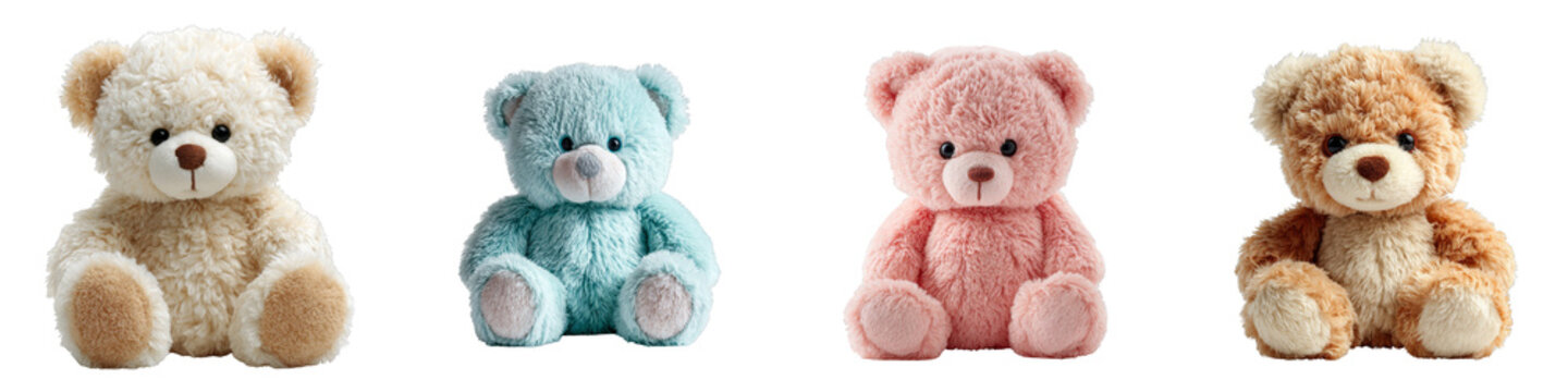 Four adorable plush teddy bears in pastel colors on transparent background