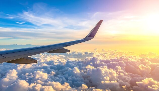 An airplane wing extends gracefully against a backdrop of fluffy white clouds and a vibrant sunset. The sky is a gradient of blues and golds