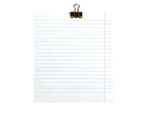 White lined paper, bound by a clip, set against a solid black background